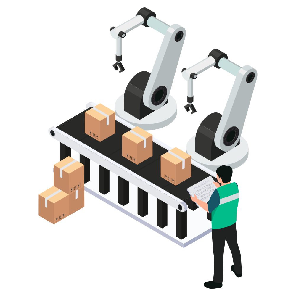 Automatización en la industria Gráfico isométrico de hombre frente a línea de producción automatizada con brazos mecánicos