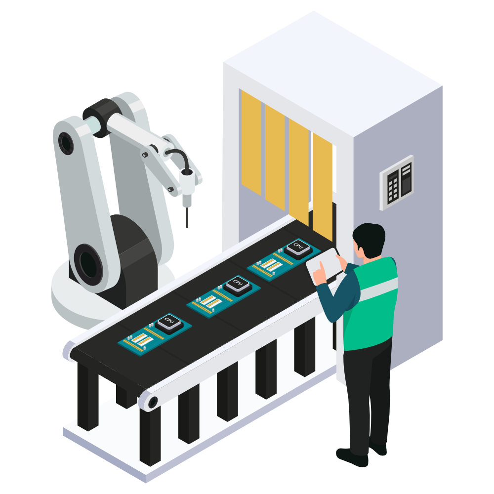 Línea de producción automatizada Gráfico isométrico de hombre llevando el control de una línea de producción automatizada
